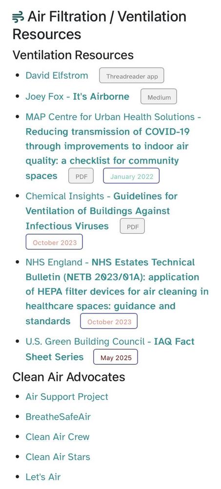 screenshot of text links to ventilation resources and clean air advocacy groups