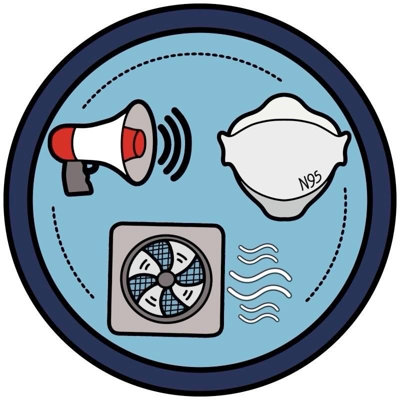 circle badge with a circular dotted line connects a megaphone, a trifold N95/FFP2 mask, and a fan with wavy lines