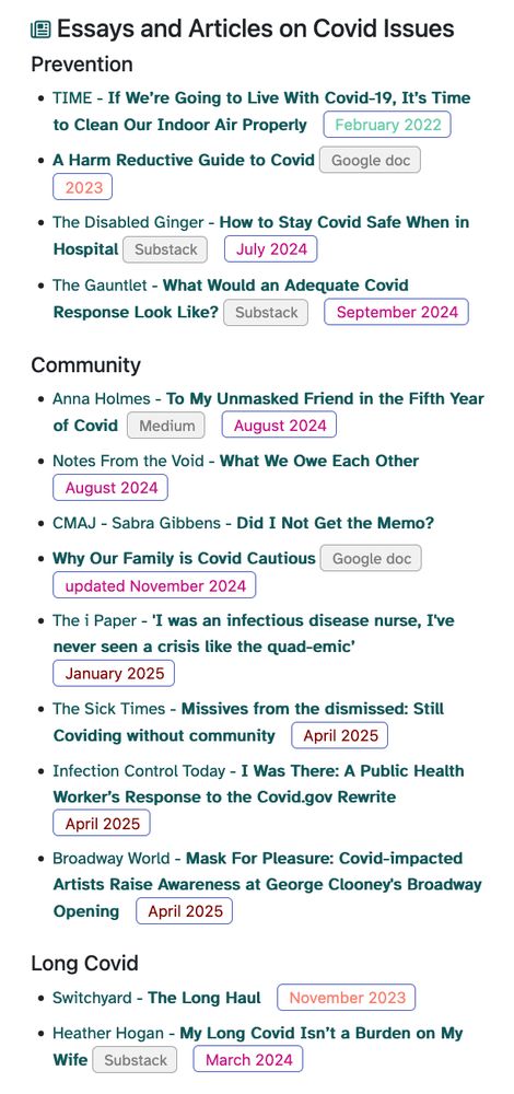 screenshot of text links to articles and essays on Prevention, Community and Long Covid