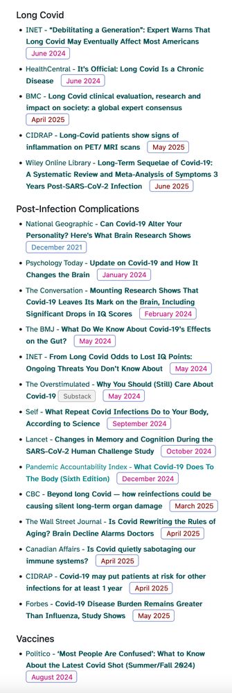 screenshot of text links for articles about Long Covid, Post-Infection Complications, and Vaccines