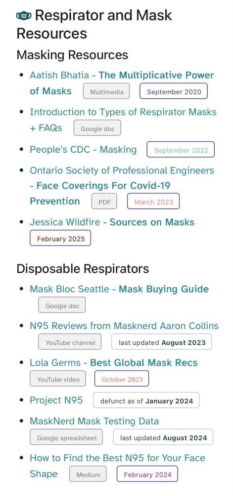 screenshot of text links to respirator and mask resources