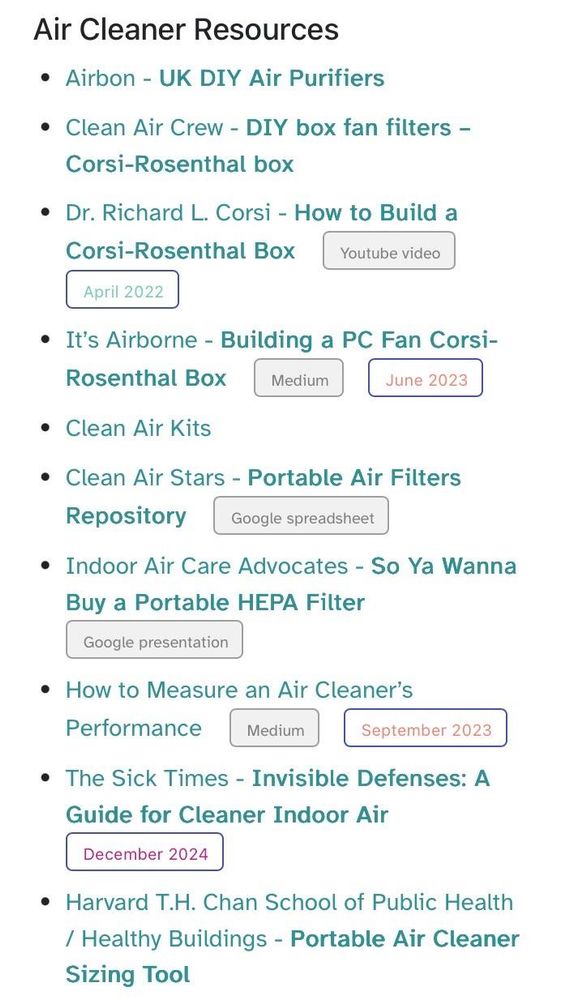 screenshot of text links to air cleaner resources and tools