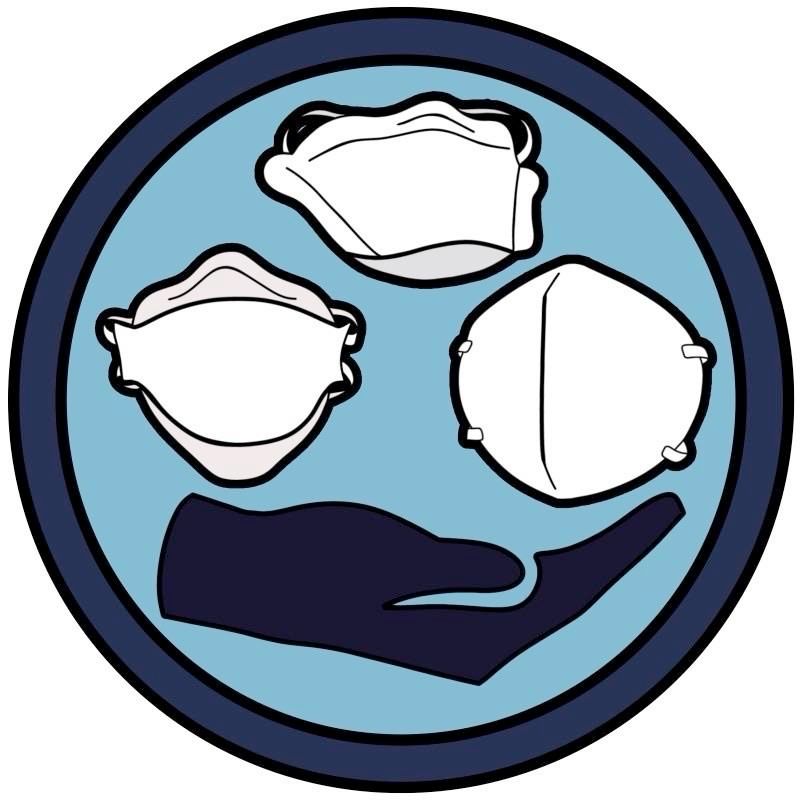circle badge with giving hand symbol cradling a horizontal trifold mask, a duckbill mask, and a vertical bifold mask