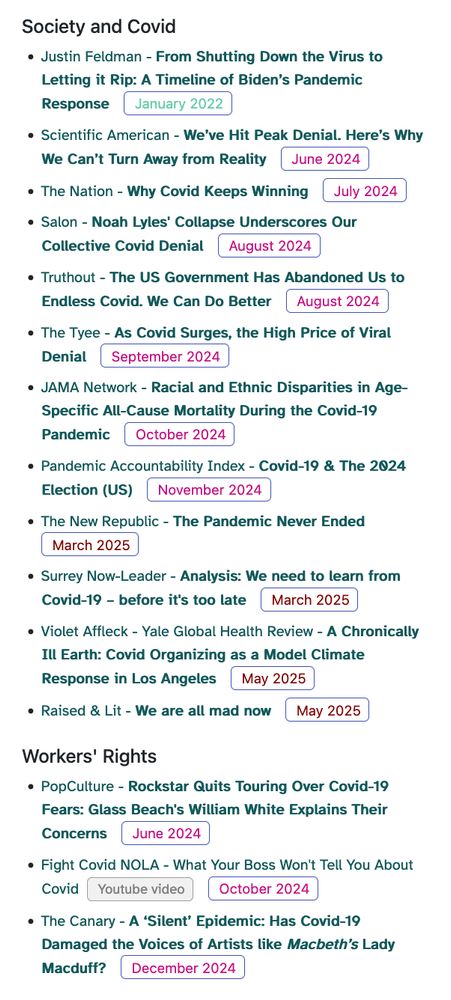 screenshot of text links to articles and essays on Society and Covid and Workers' Rights