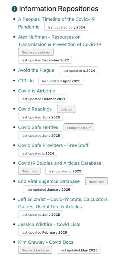screenshot of links to information repositories, including resources, lists, databases, documents, and useful info