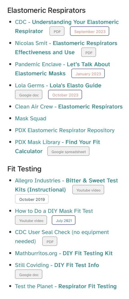 screenshot of text links to elastomeric respirator resources and fit testing info