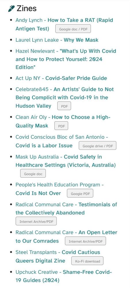 screenshot of text links to assorted zines covering basic Covid information, tips, and resources 