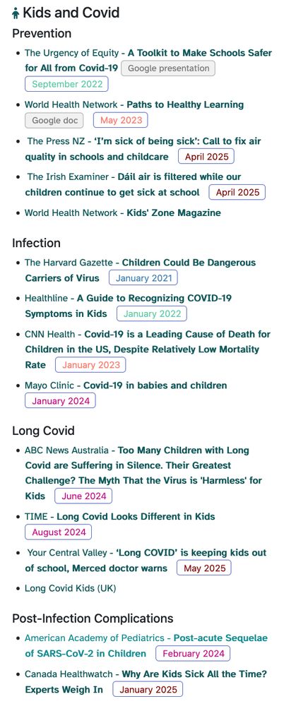 screenshot of text links for Kids and Covid Prevention, Infection, Long Covid, and Post-Infection Complications