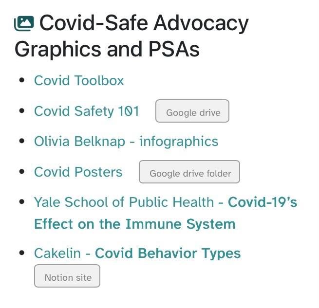 screenshot of text links to Covid-safe advocacy graphics and PSAs