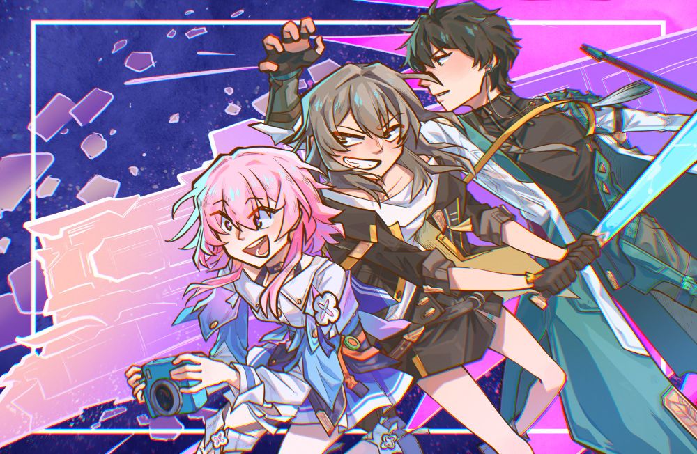 March 7th, Stelle, and Dan Heng in front of a bright pink and purple astral express