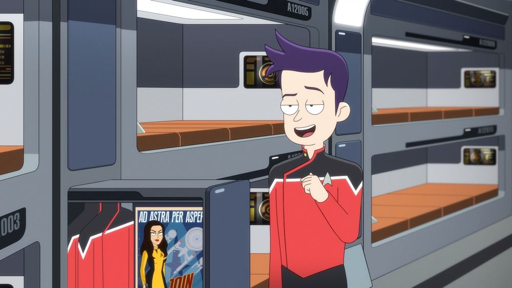 A Star Trek Lower Decks shot of animated Boimler on the Cerritos standing next to his bunk talking to Mariner (who is off-camera).  From E207