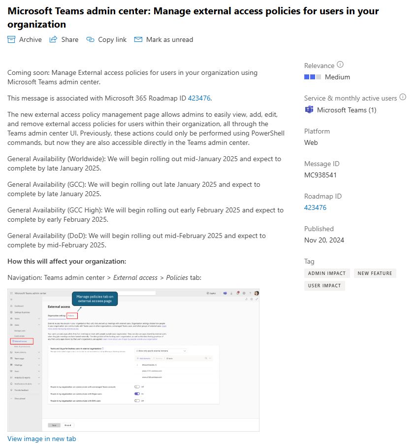 Screenshot of the M365 Message Center post including Relevance (medium), Message Id, Roadmap Id (423476) and a description of the new feature
