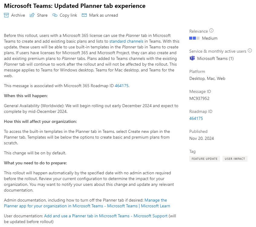 Screenshot of the M365 Message Center post including Relevance (medium) Platform (Deskop, Mac,Web), Message Id, Roadmap Id (464175) and a description of the new feature