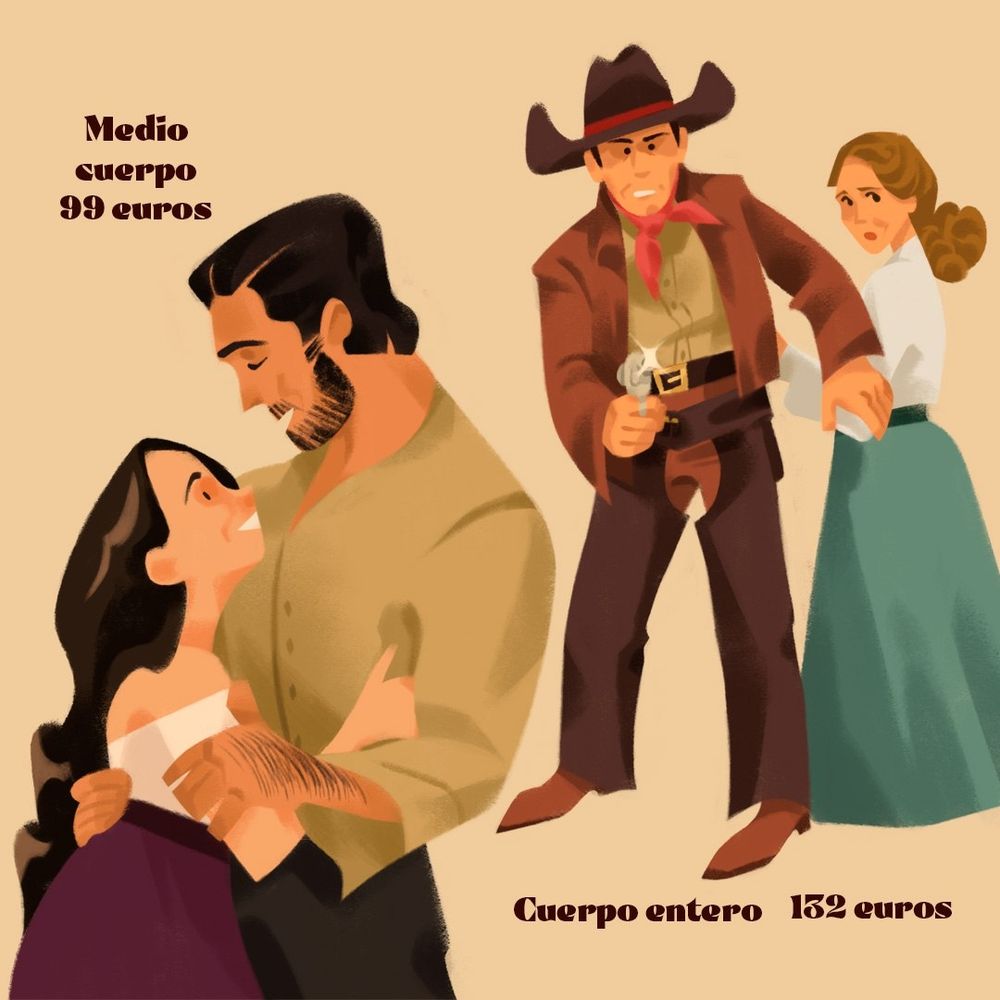 Dos ilustraciones digitales de parejas con temática del salvaje oeste como ejemplos de encargos digitales. La primera ilustración muestra a una mujer morena abrazando a un hombre moreno, ambos de medio cuerpo, junto con el texto Medio cuerpo 99 euros. La segunda ilustración muestra a un hombre vestido de vaquero apuntando con una pistola, y a una mujer con vestido largo protegida detrás del hombre, ambos de cuerpo entero, junto con el texto Cuerpo entero 152 euros