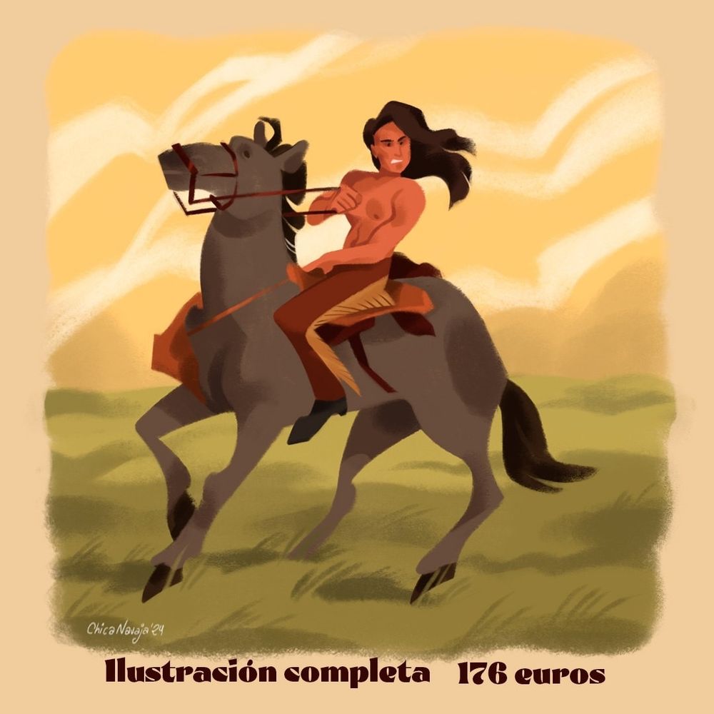 Ilustración digital de un hombre de aspecto nativo americano montando un caballo sobre una pradera verde como ejemplo de encargo digital. Aparece un texto abajo de la ilustración que indica Ilustración completa 176 euros
