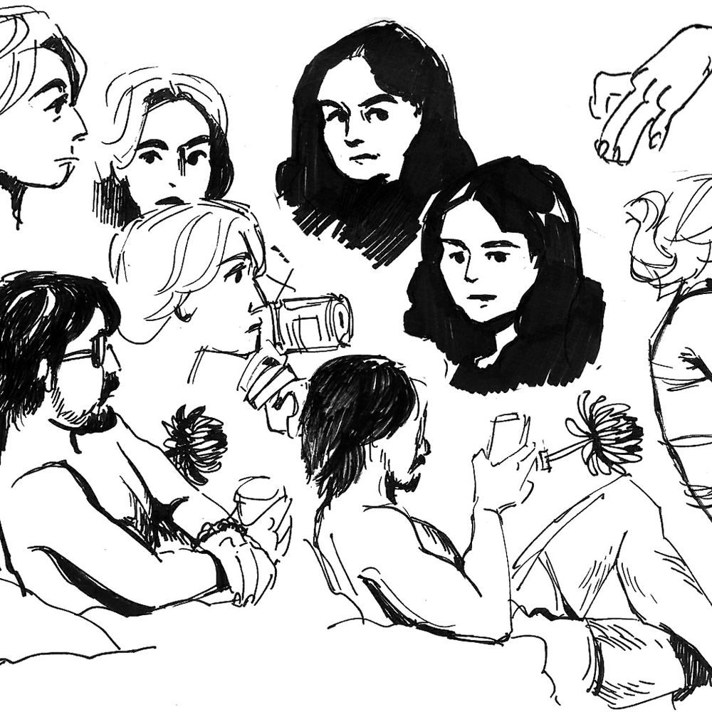 Bocetos a tinta en blanco y negro de diferentes retratos.