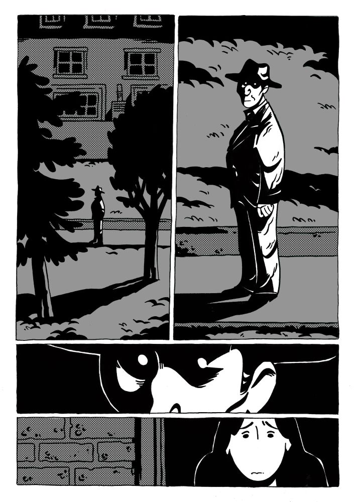 Página de cómic en blanco y negro con tramas y detalles en grises. Muestra, en varias viñetas, la figura de un hombre vestido con traje y sombrero en un jardín nocturno que mira hacia arriba, para encontrarse con una chica de expresión asustada que se asoma por un balcón.
