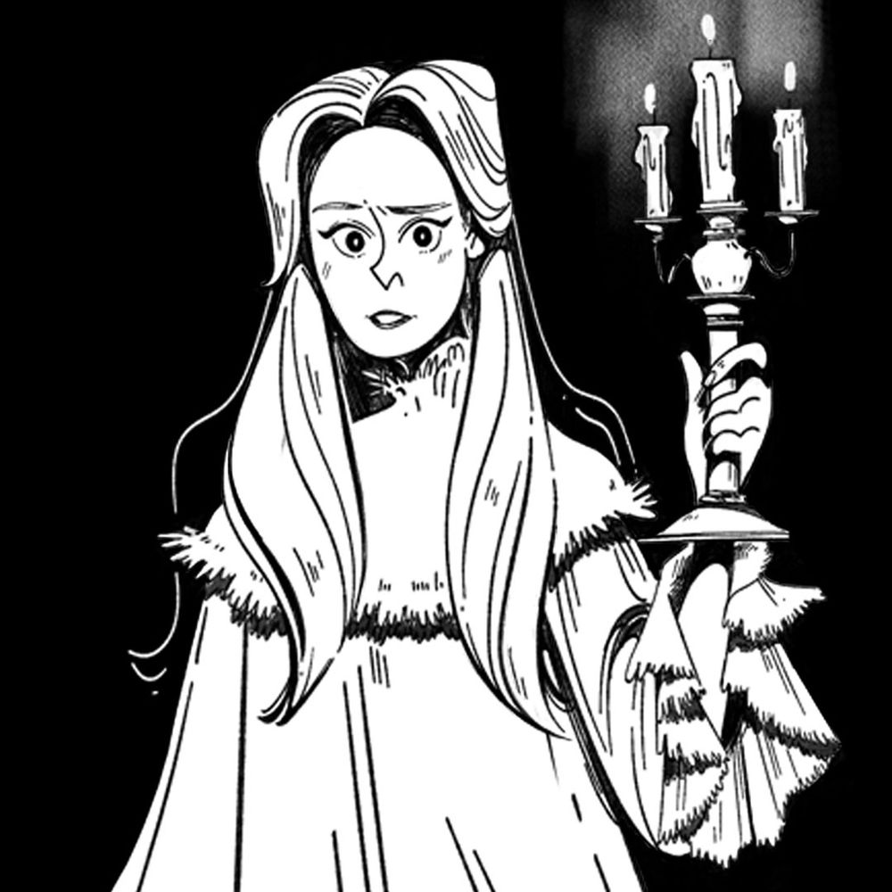 Detalle de la ilustración anterior donde se ve en primer plano el rostro de la mujer que sujeta el candelabro.