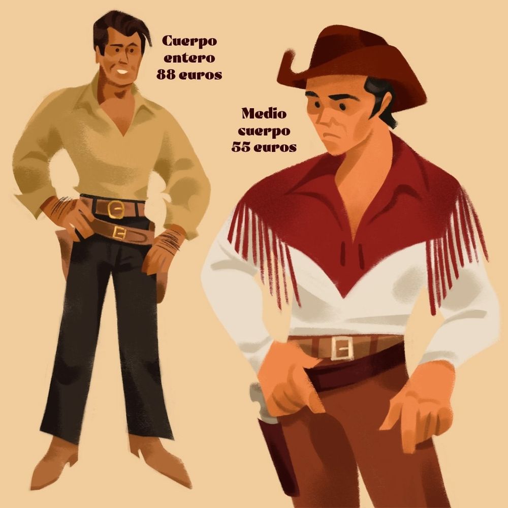 Dos dibujos de vaqueros en formato digital, como ejemplo de encargos. El primer dibujo muestra a un hombre de cuerpo completo con el texto Cuerpo entero 88 euros, el segundo dibujo muestra a un hombre hasta las rodillas con el texto Medio cuerpo 55 euros