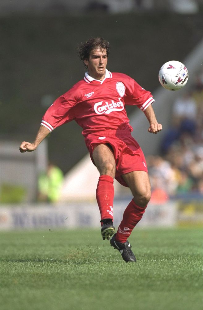 Karl-Heinz Riedle playing football for Liverpool. 