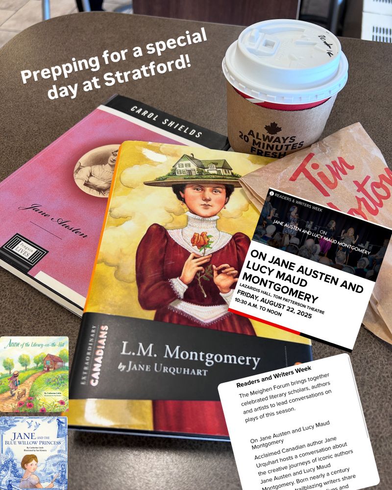 A collage on a table showing a cup of coffee, information about the Stratford August 22 Forum and books about and inspired by Lucy Maud Montgomery and Jane Austen.
