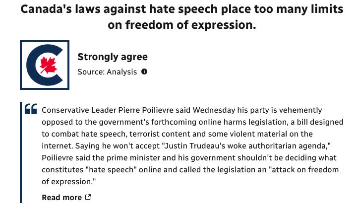 Canada's laws against hate speech place too many limits on freedom of expression.
CPC: Strongly agree
Source: Analysis

Conservative Leader Pierre Poilievre said Wednesday his party is vehemently opposed to the government's forthcoming online harms legislation, a bill designed to combat hate speech, terrorist content and some violent material on the internet. Saying he won't accept "Justin Trudeau's woke authoritarian agenda," Poilievre said the prime minister and his government shouldn't be deciding what constitutes "hate speech" online and called the legislation an "attack on freedom of expression."