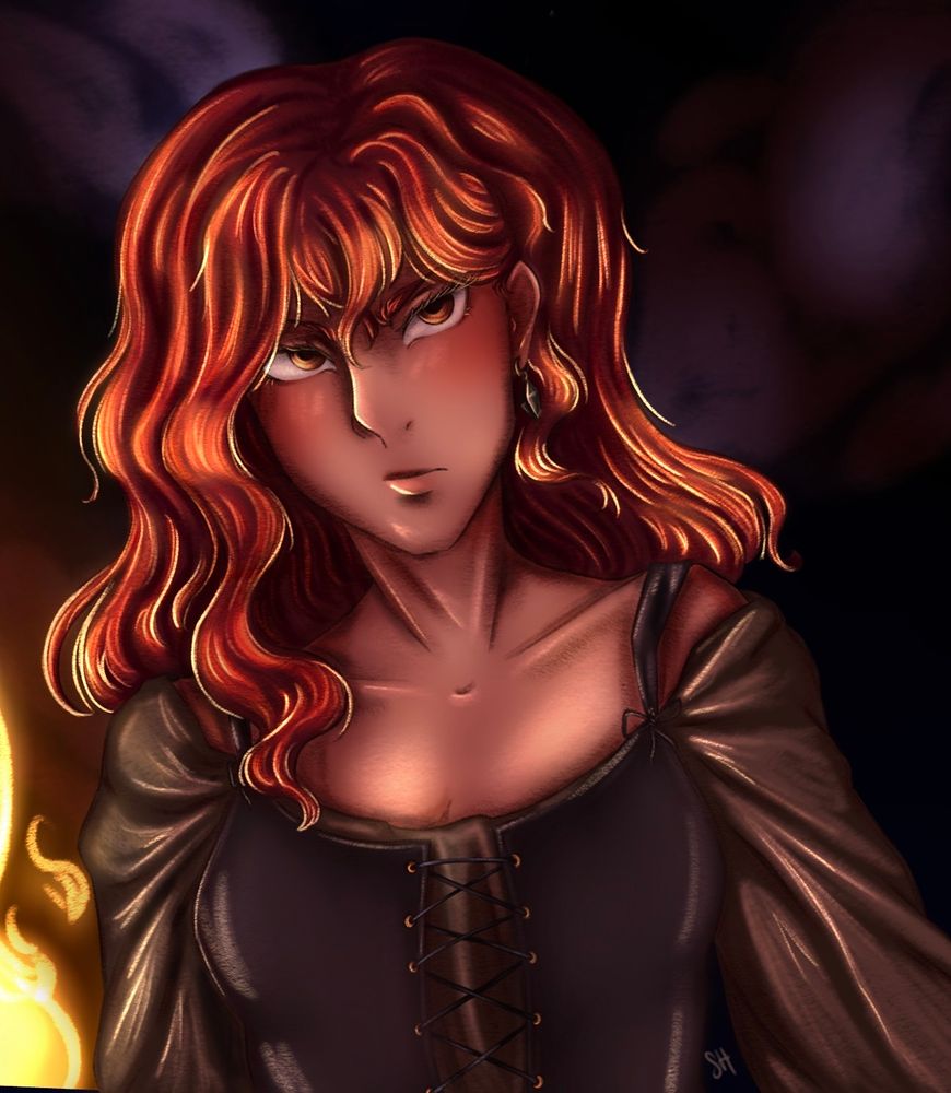 My art of a red head next to a fire 🔥 