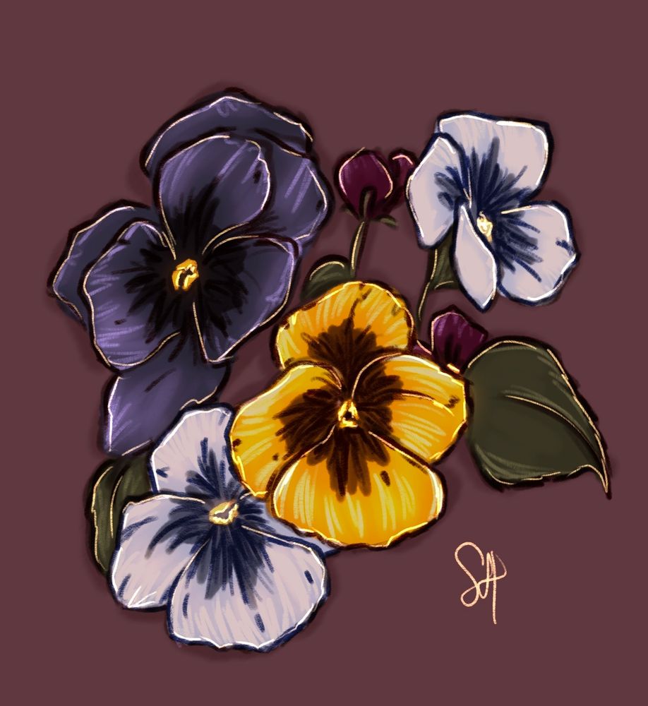 My art of pansie flowers, one yellow, two white and blue and one blue