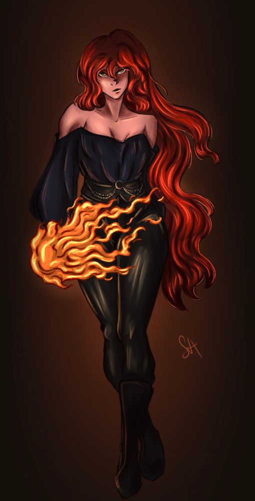 My art of a red head, she wears all black, and walks forward with a ball of fire in her hand. 