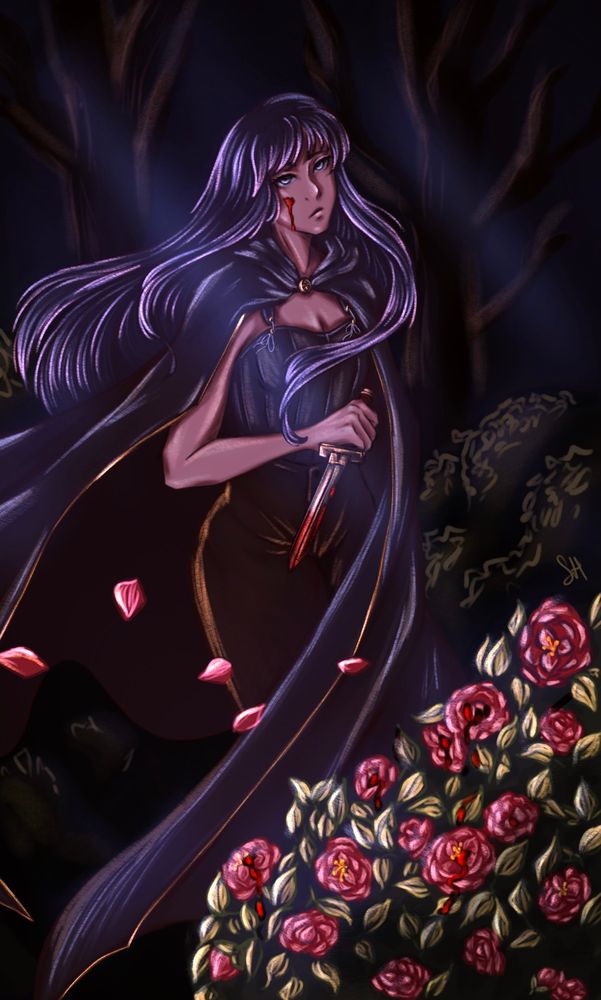 A girl with long black hair stands in a forest at night. She wears a long black cloak, a black corest, and brown leather pants. In her hand, she holds a bloody dagger. In front of her, a Camilla blossom bush rustles in the wind, and blood drips down the pink flowers. 