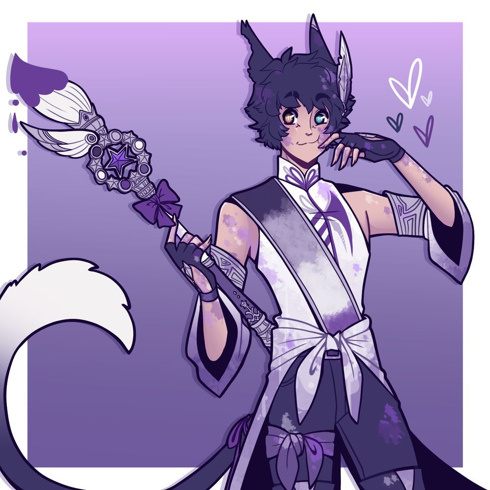 digital artwork of a miqo'te warrior of light. he is smiling and holding a pictomancer's brush. his outfit and the palette are colors from the asexual flag: black, grey, white, and purple.