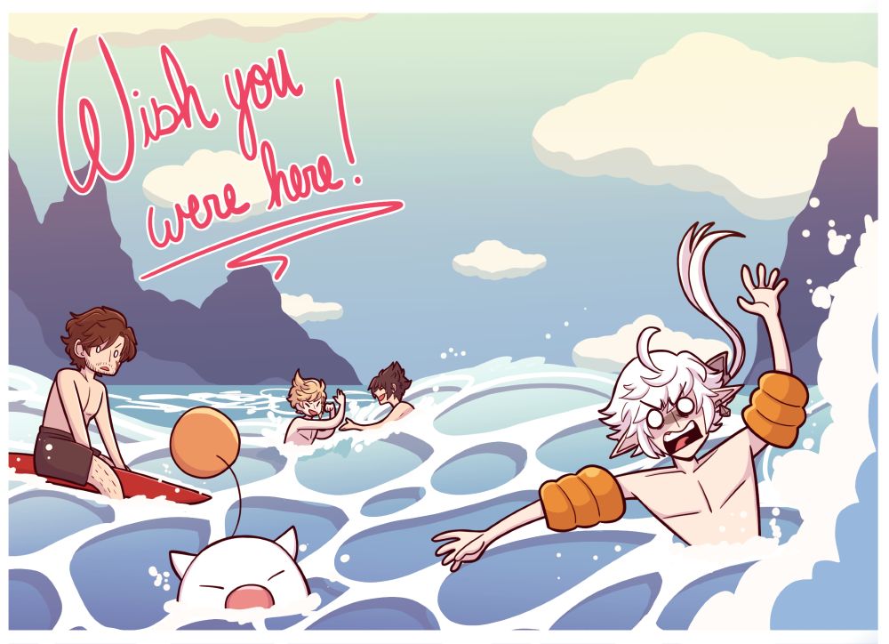 digital artwork of several final fantasy characters swimming in the ocean. alphinaud is in the foreground wearing water wings, panicking as he gets rocked by a wave. a moogle floats near him. clive is watching this unfold from the safety of a surfboard. in the distance, noctis and prompto are splashing each other