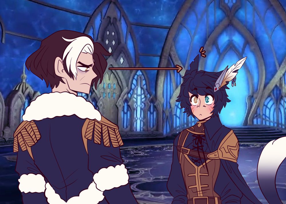 emet-selch scowls at the warrior of light's miqo'te ears. the warrior of light stares back, confused