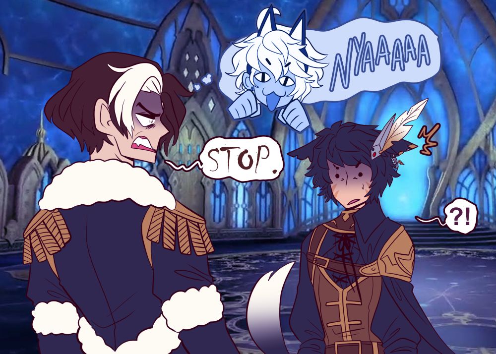 back to emet-selch and the warrior of light. a speech bubble from the past azem says "nyaaaaaaa" with a catlike expression.

emet-selch is snarling "STOP," while the warrior of light jolts in alarm.