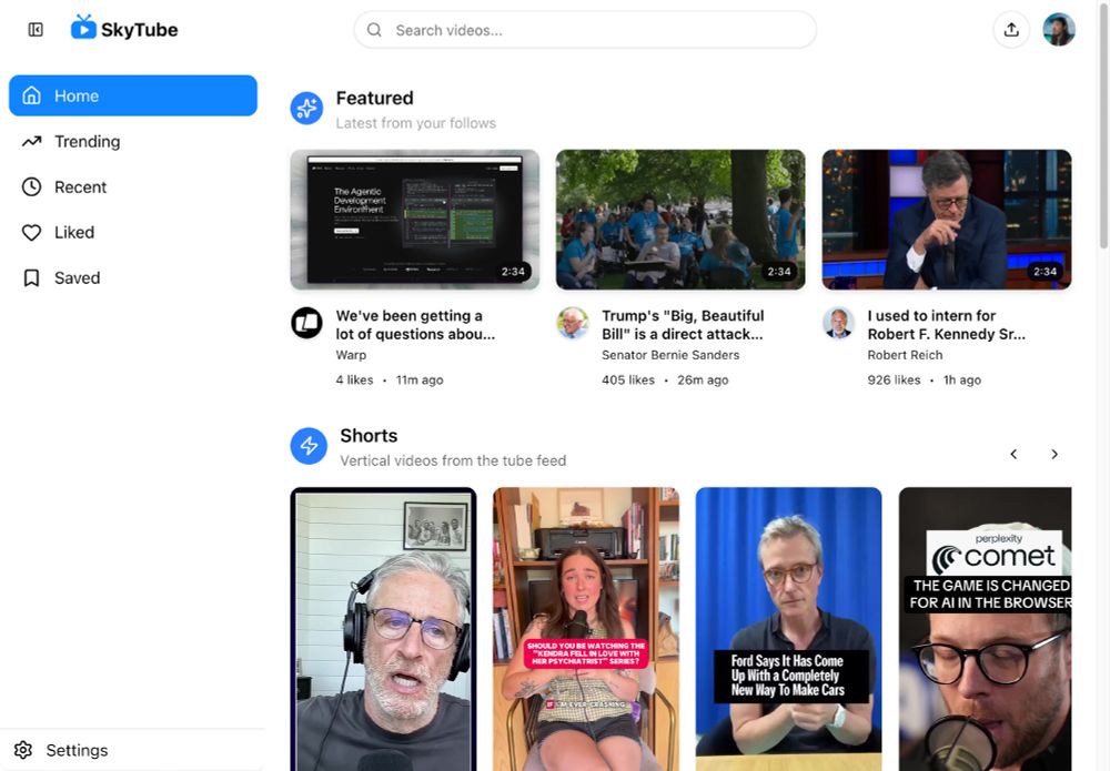 The home view for SkyTube, a YouTube-like app that uses Bluesky video p posts and feeds for content.