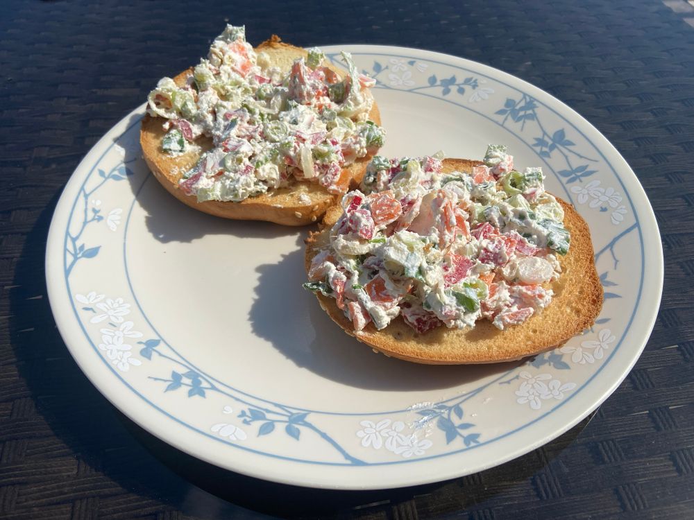 A sliced bagel on a plate on a black table in the sun piled high with finely chopped vegetables, loosely held together with some cream cheese.