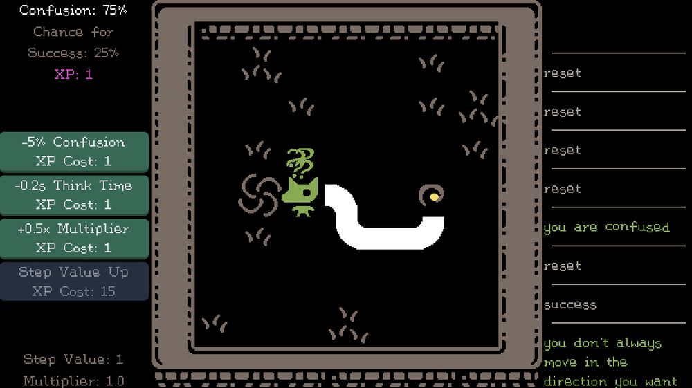 Confused hero on a path. On the left it show confusion % plus buttons to upgrade think time, reduce confusion, increase multiplier and increase step value. On the right is a log of resets and a success