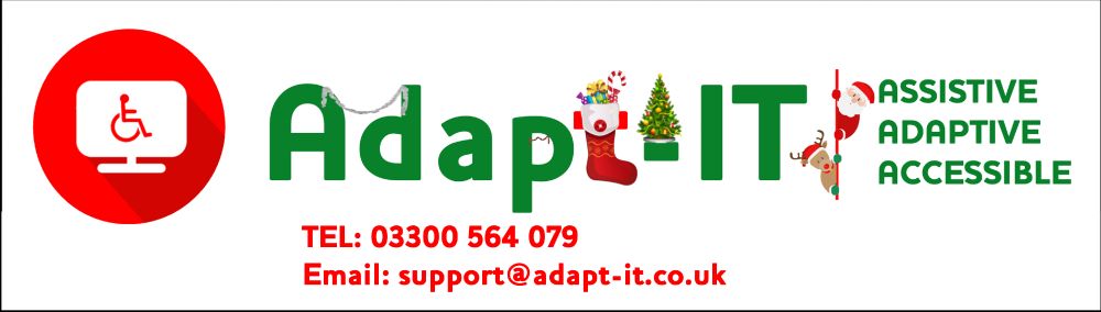 A red and green variation of the Adapt-IT logo. There is tinsel on some of the letters and the 'T' in 'Adapt' is a stocking. There is a Christmas tree on top of the hyphen. Below the logo is our contact details. Tel 03300 564079. Email: support@adapt-it.co.uk"