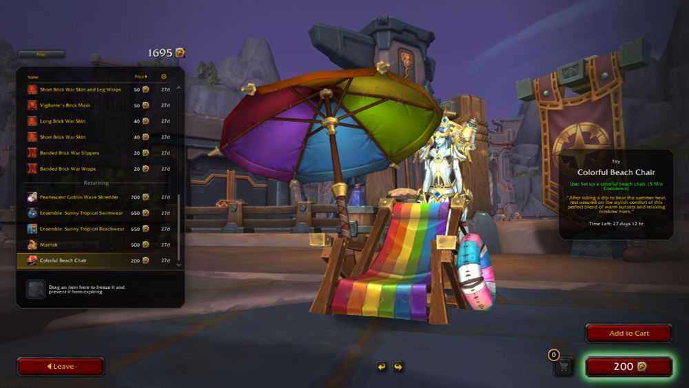 A pride-themed beach chair set is available at an in-game shop. The beach chair has rainbow-striped material and comes with an umbrella with rainbow colors arranged in a pizza slice pattern. A life preserver ring is resting on the side of the chair and is striped in trans colors.