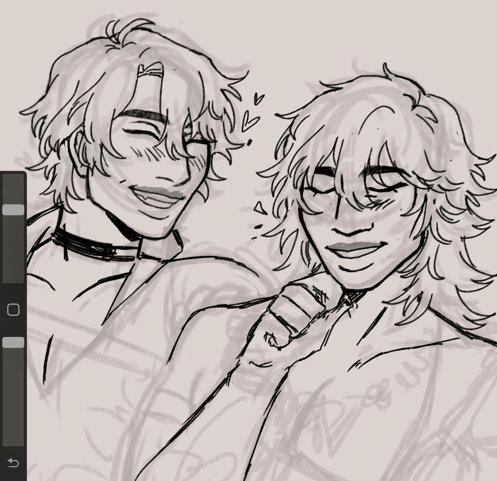 work in progress. digital sketch of two men from honkai star rail, phainon and mydei. both men are smiling and laughing together.