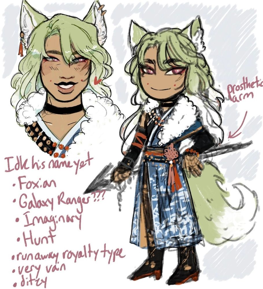 oc design for honkai star rail. pictured is the character in chibi form and a headshot. he is a humanoid character with fox ears and tail. he has on clothing inspired by traditional chinese clothing + more modern hanfu and jewelery inspired designs. is holding a roughly drawn spear. he has on a lot of accessories. there is text on the side saying "idk his name yet". he is clarified as a foxian galaxy ranger, and his character typing in game would be imaginary and hunt. his personality is also listed on the side and he is a runaway royalty type whose very vain and ditzy. also has a prosthetic arm that is mostly covered.