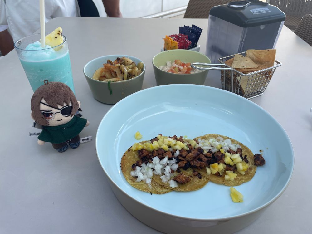 Tacos, calamari, and fish ceviche.