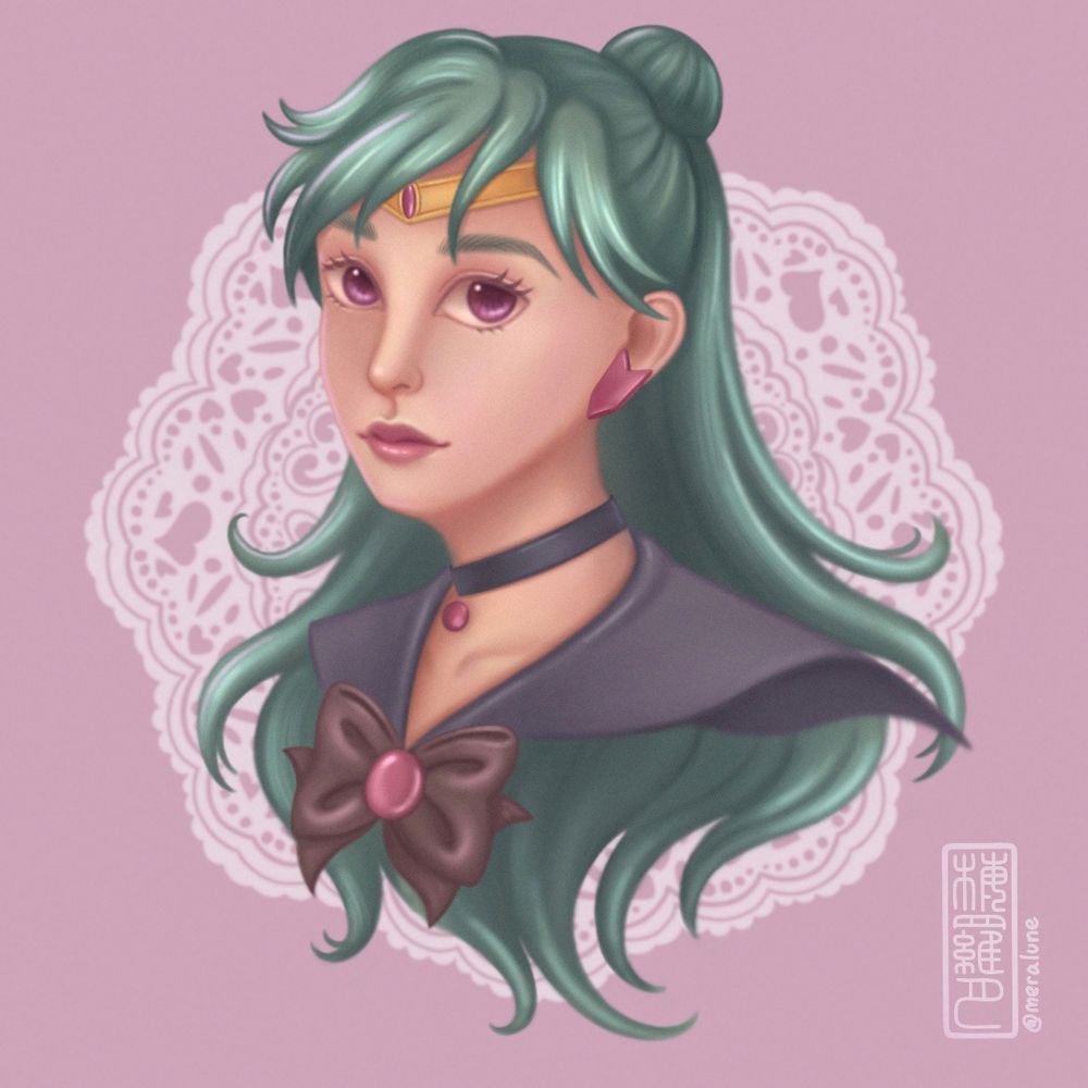 Portrait illustration of Sailor Pluto from the anime/manga series Pretty Guardian Sailor Moon. She has garnet-coloured eyes and long dark green hair that is partially pulled back into a small bun on top of her head. She is wearing an grey sailor collar that has a maroon bow with a garnet jewel affixed at the chest.