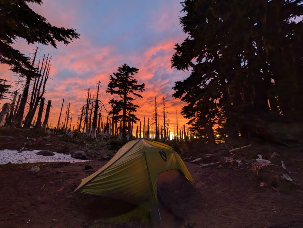 Tent at campsite surrounded by trees with a beautiful orange-red sunset in clouds with blue background.