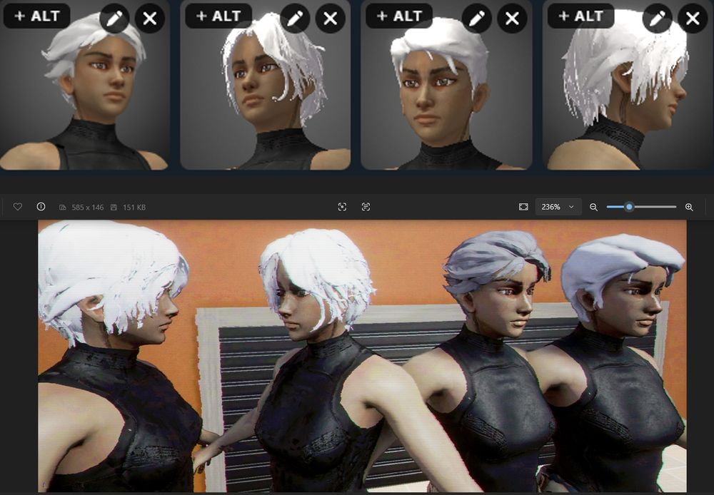 "Four white hair models designed by the author, shown from different angles. The first three models are displayed against a gray background with front and side views, while the fourth shows three figures with the hair models applied, posing in front of an orange background with a visible staircase.