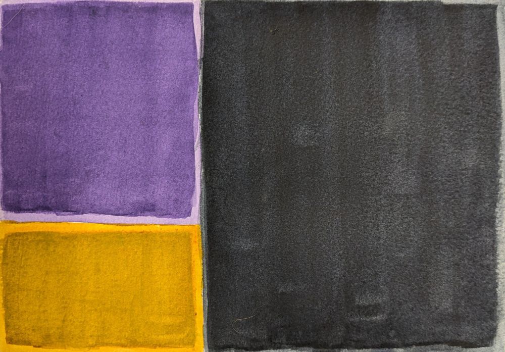 A watercolor painting of three large areas of color. A dominating blue-black rectangle covers most of the frame and next to that are a smaller purple rectangle and a yellow-orange one. They are arranged in descending size from largest on the right to smallest on the bottom left