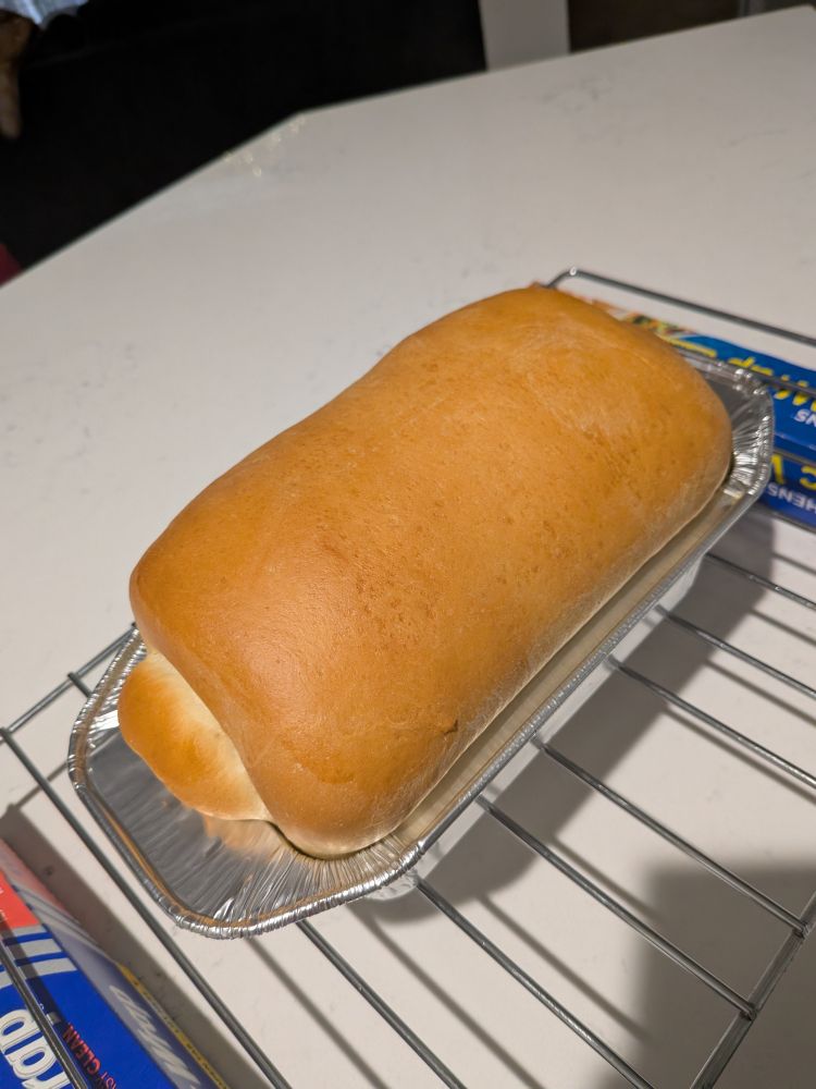 A loaf of bread in a loaf pan on a cooling rack