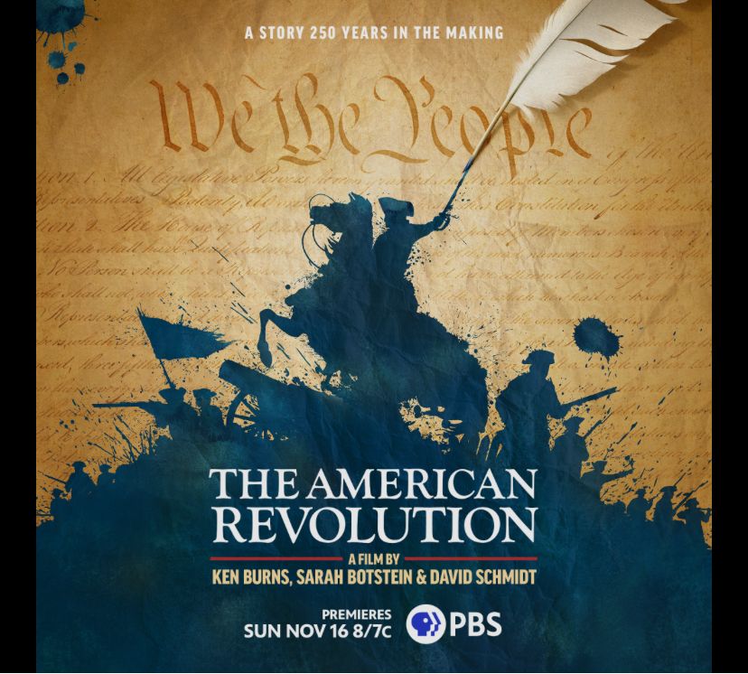 Shadow image if a man on horseback waving a quill pen like a flag against an image if the Declaration of Independence. It’s the marketing image for Ken Burns’ American Revolution documentary. 