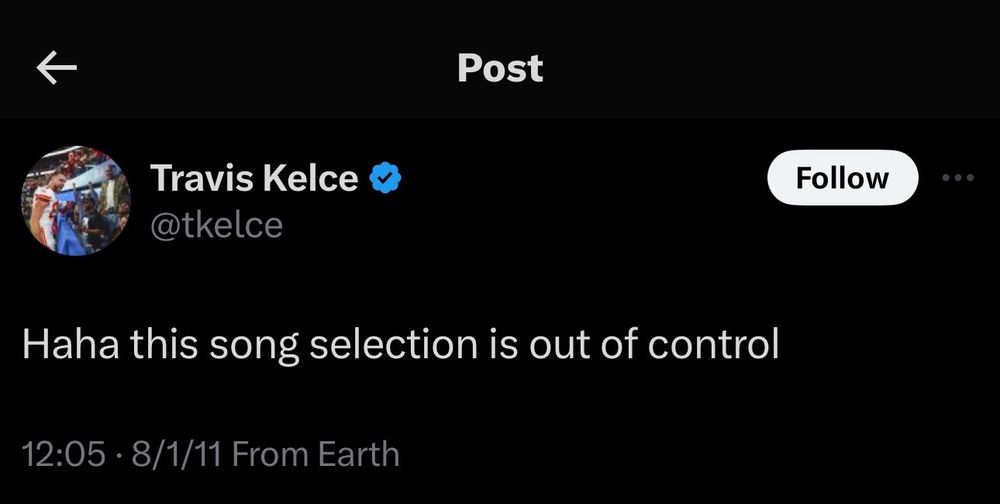 screenshot of travis kelce’s tweet saying “haha this song selection is out of control”