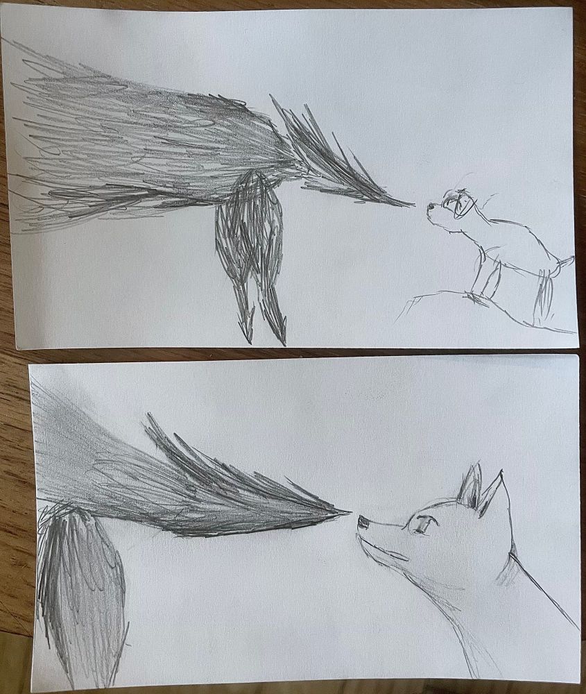 Sketch of a regular looking dog meeting a shadowy angular dog. They are booping snoots